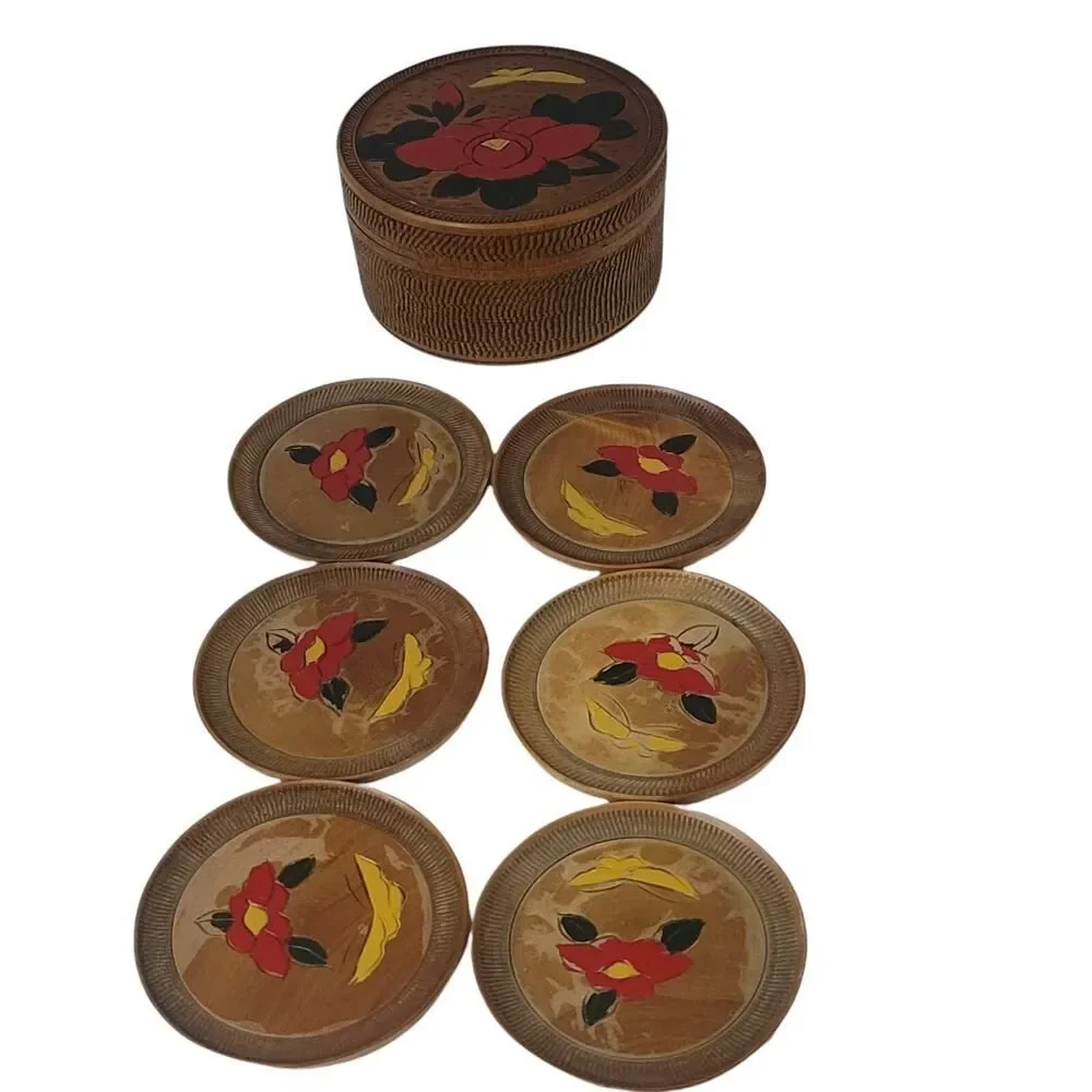 Vintage 20th Century Japanese Hand Carved Box and 6 Coaster‎ Set Floral Flowers